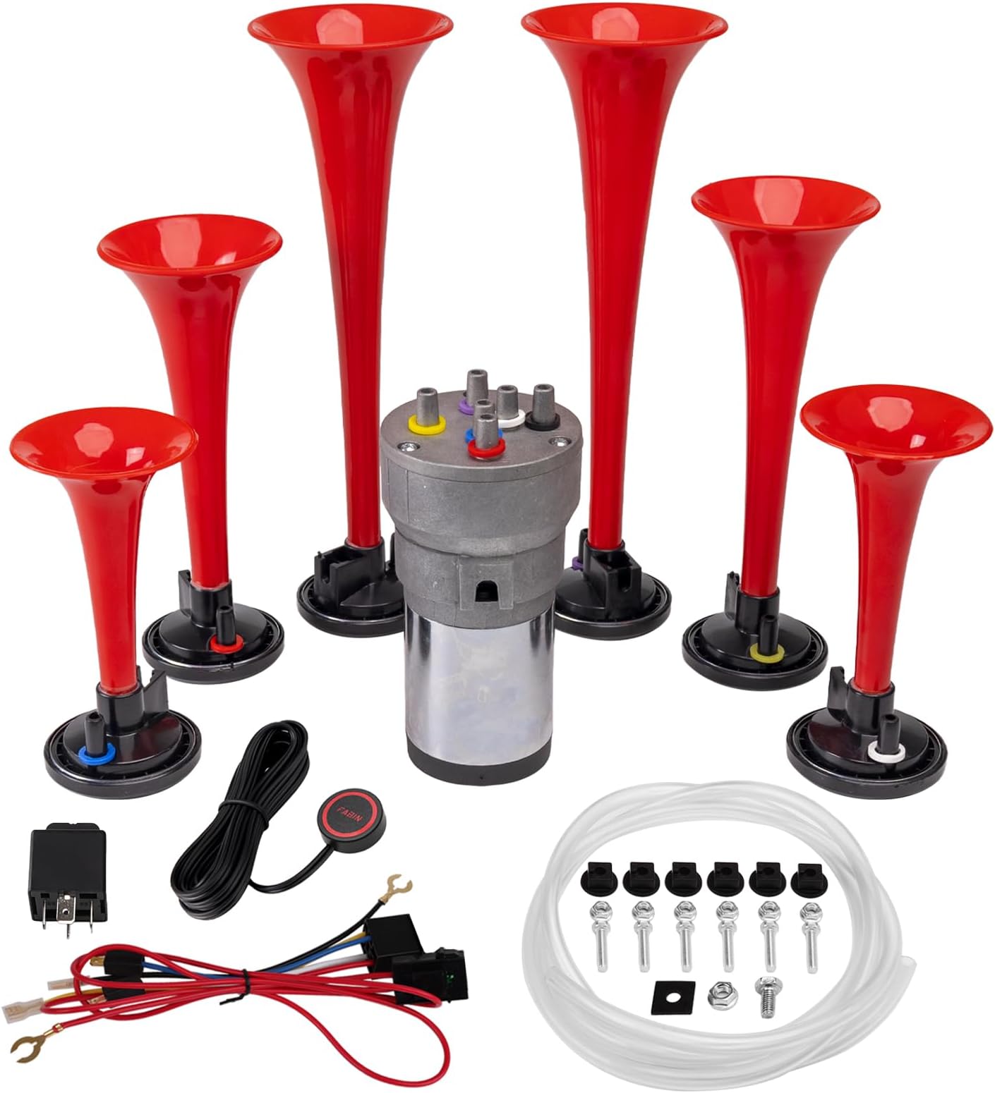 FARBIN Musical Horn 6 Trumpet Music Sound Air Horn with Compressor Play Godfather Melody Red 12V 150db for Train Truck Car Boat RV UTV Motorcycle (Godfather Kit)