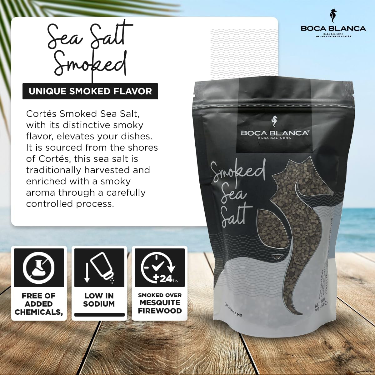 BOCA BLANCA - Pure Smoked Sea Salt - Natural from the Sea of Cortés México - 1LB bag - chemical-free - certified Kosher - gourmet salt - ideal for grilling and seasoning - 100% unrefined sea salt