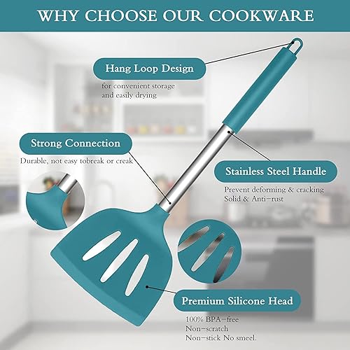 Miniatura 4 de PASUTEWEL - Juego de utensilios de cocina de silicona de 15 piezas, antiadherente, los mejores utensilios de cocina con asas de acero inoxidable