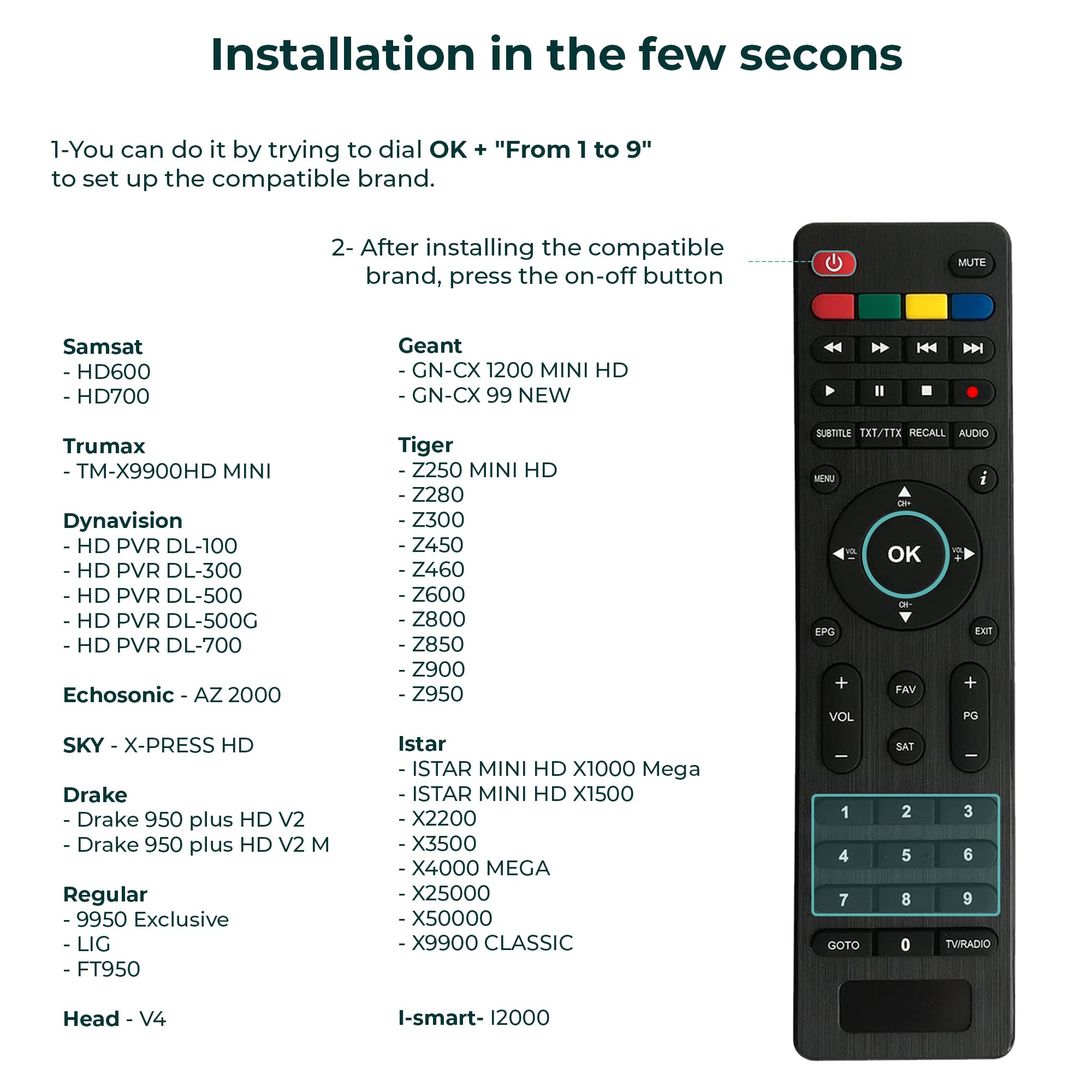 LEYF Uniwersalny pilot 9 w 1, kompatybilny z odbiornikami DVB-T TNT - Redline, HD Line, Geant, Tiger, Sky, Drake, Servimat, Istar, Samsat, Trumax, Dynavision, Head, Echosonic, Regular, Technocoms,