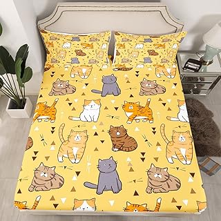 Kawaii Cat Twin Sheets Cute Animal Bed Sheets for Kids Toddler, Colorful Kitten Fitted Sheet Yellow Cartoon Bed Set, Geometric Triangles Bedding Black White Beard Print Decor (Deep Pocket)