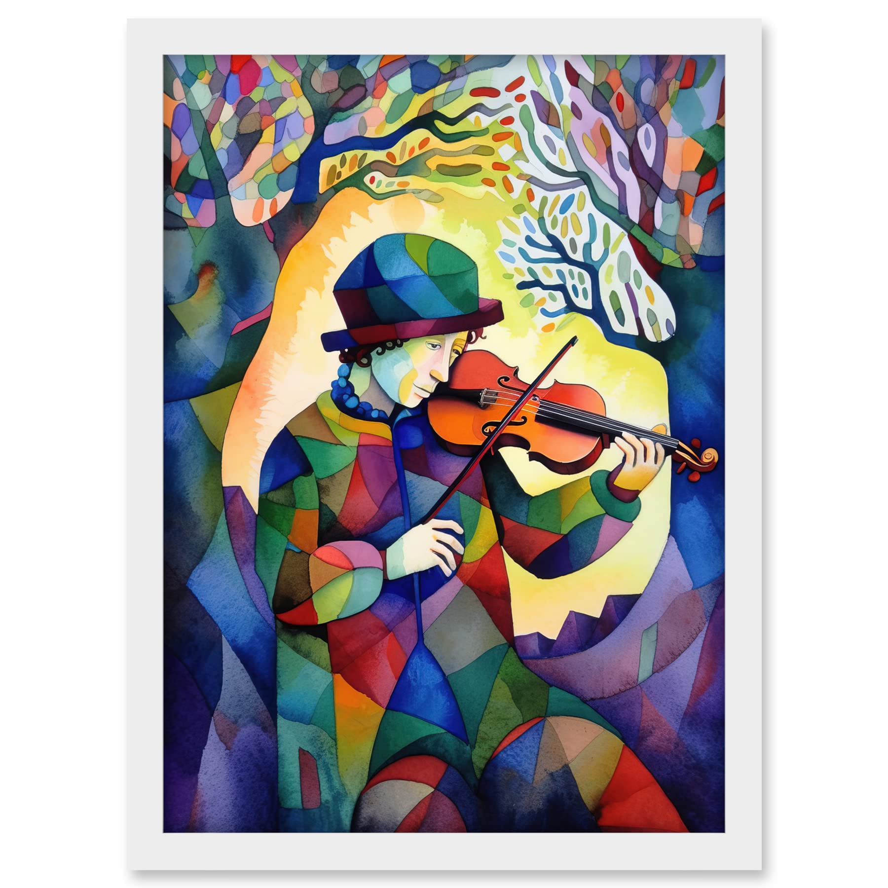 Artery8 Fiddle Player In Forest Folk Art Watercolour Painting Artwork Framed A3 Wall Art Print