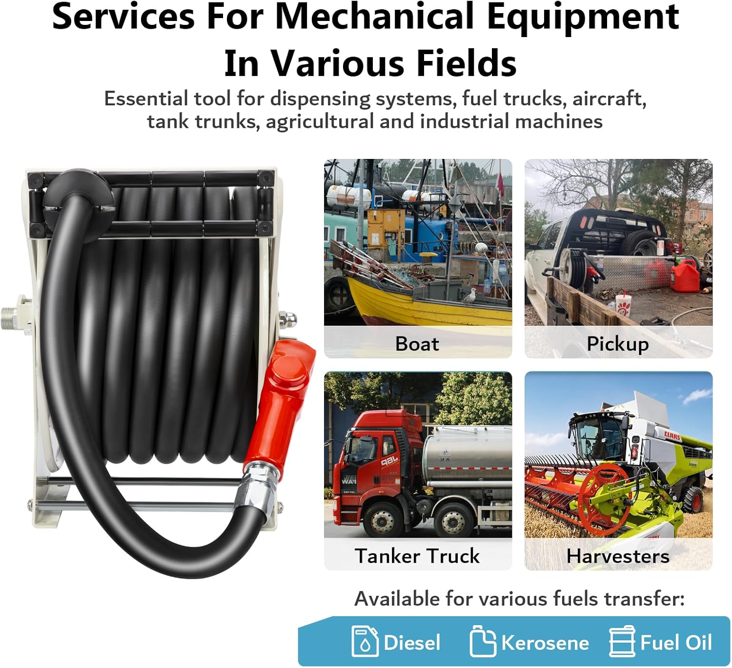 1 Inch Fuel Hose Reel 50ft Retractable Heavy Duty Hose Reel for Diesel Fuel Can Spring Driven Autoswing 300 PSI Fast Pump Fuel Line Hose with Nozzle for Tank Truck Boats Air Vehicle