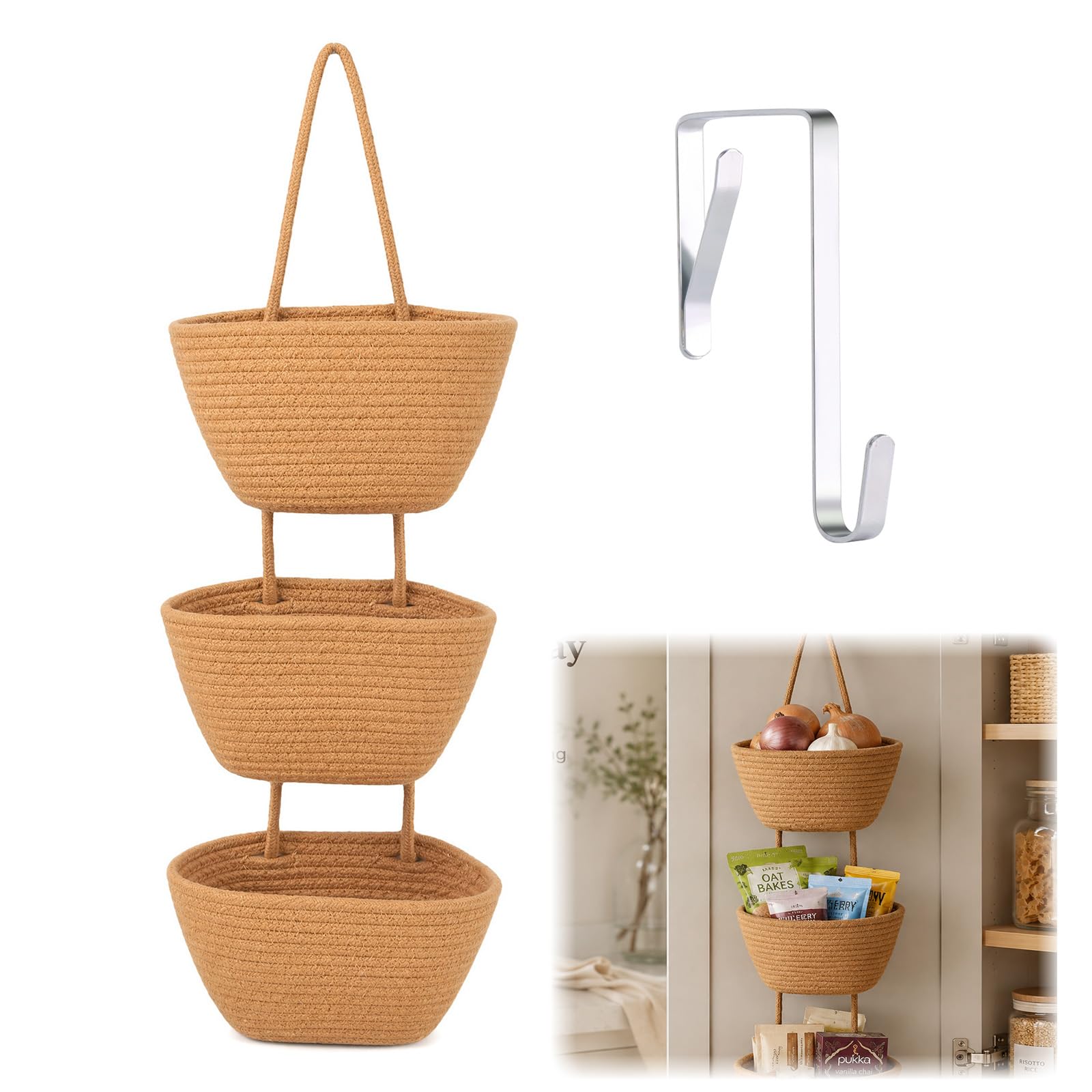 Wismont 3-Tier Cotton Rope Hanging Wall Basket, Christmas Tree Decor Over the Door Storage Organizer, Foldable Wall Mount Hanging Baskets for Bedroom Bathroom Kitchen (Beige Khaki Green)