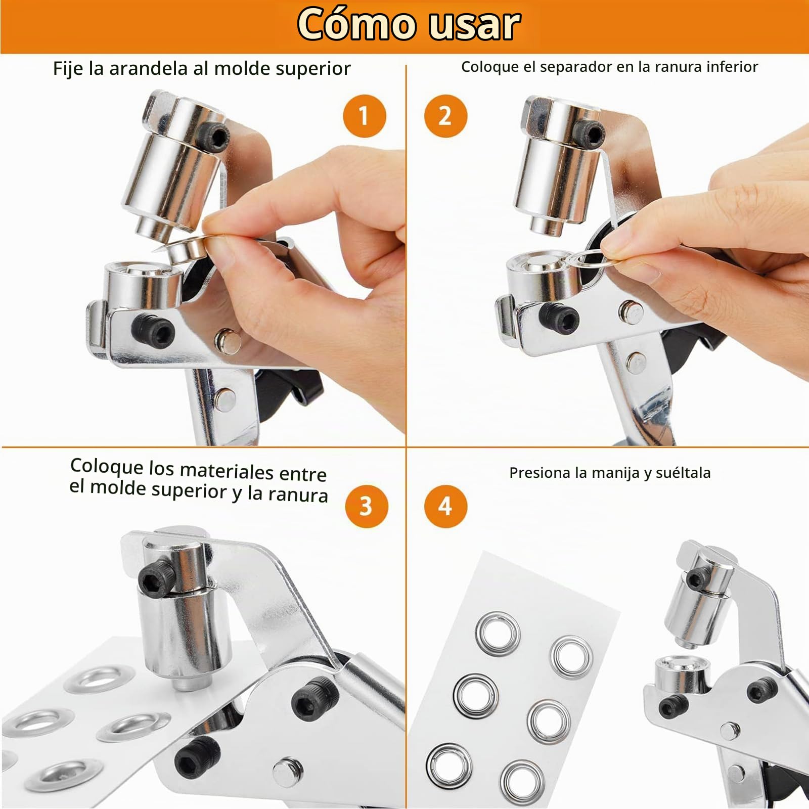 Remachadora de Ojales,Alicates profesionales para ojales,Remachadora Ojales con 200 Ojetes Metalicos(Ø interior 10mm),para Tela,Relojes,Collares,Sillas,Zapatos y Manualidades