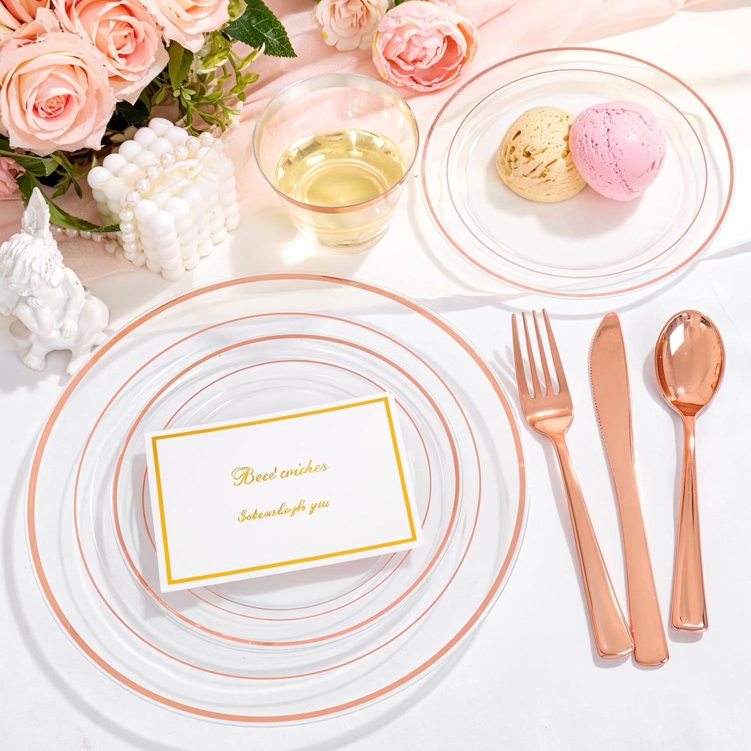 bUCLA 150PCS Clear Rose Gold Disposable Dinnerware set - Rose Gold Plastic Plates Include 25 Dinner / 25 Dessert Plates, 25 Knives, 25 Forks, 25 Spoons, 25 Cups for Party, Wedding & Valentines Day - Image 6