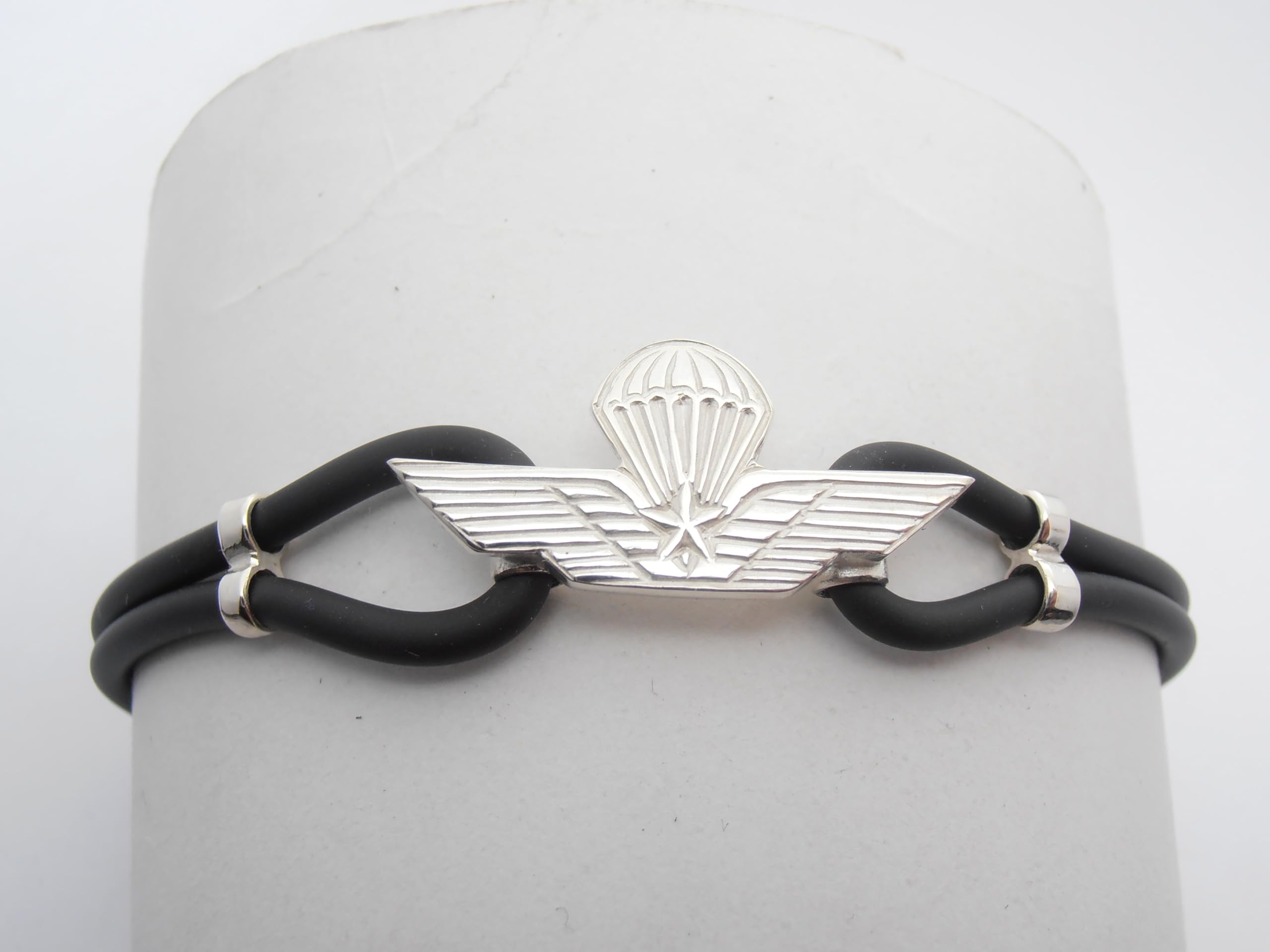 Paracadutisti : Braccialetto in Argento 925 e Caucciù - Bracciale con Simbolo dei Parà - Brevetto - Fregio - Stemma -