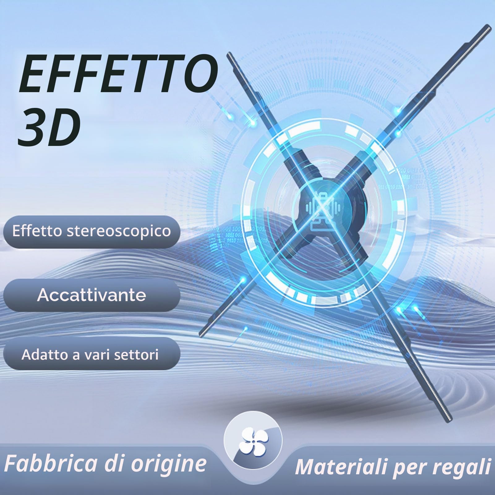 Tonysa Ventilatore Olografico 3D a 4 Pale, Proiettore Olografico 3D 2500x640, Display Pubblicitario per Proiettore Olografico 3D, con APP, 640 Perline LED, Piccola Scheda di (Spina europea)