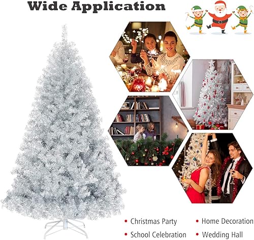 Miniatura 4 de GOFLAME Árbol de Navidad artificial de 6 pies con bisagras con 1036 puntas de rama, árbol de Navidad de oropel plateado con soporte de metal,