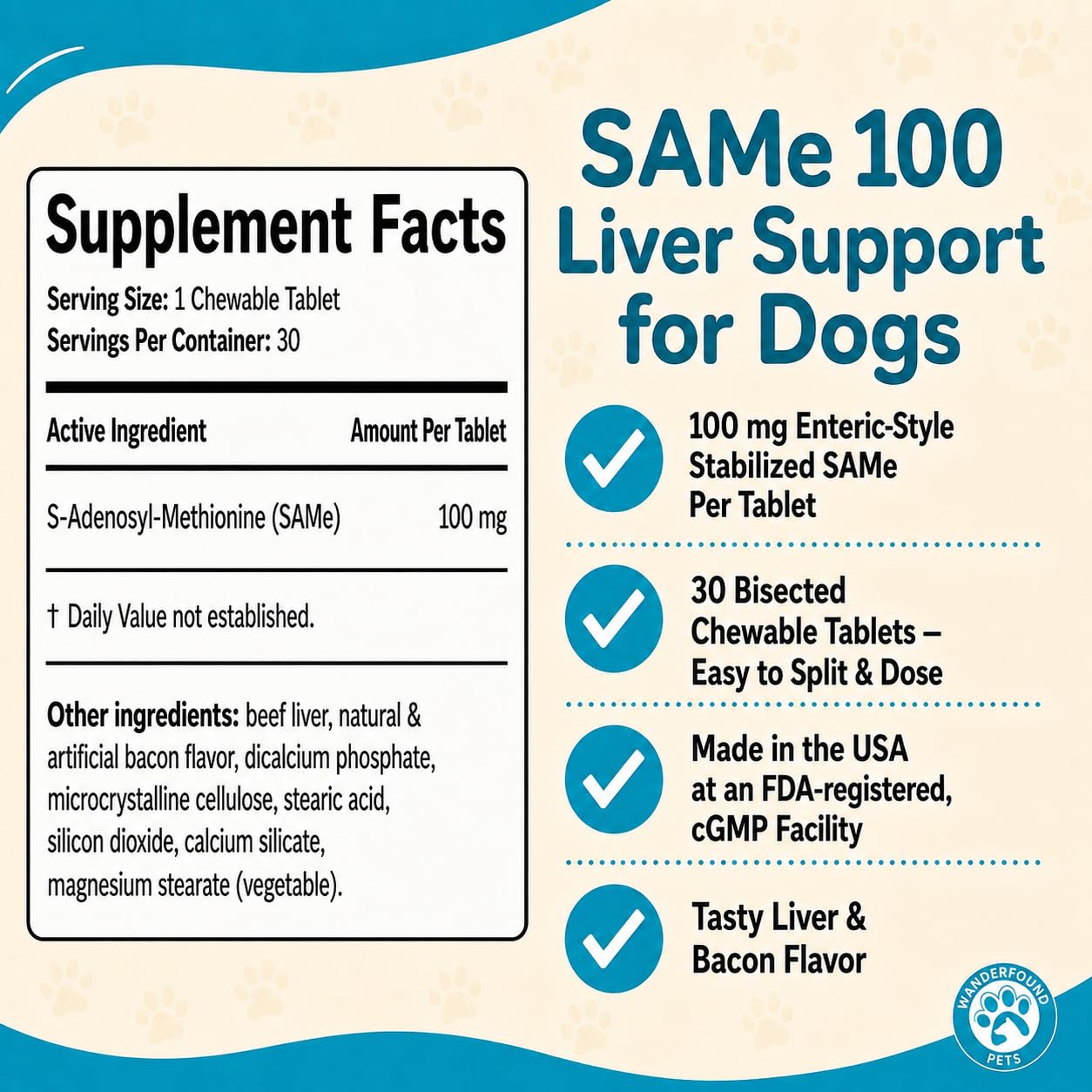 Wanderfound Pets Same 100 Liver Support for Dogs - Same S-Adenosyl-L-Methionine Hepatic Supplement for Liver & Brain Support - Bacon Flavored Sam E, Manufactured in the USA - 30 Chewable Tablets — Amazon image 5