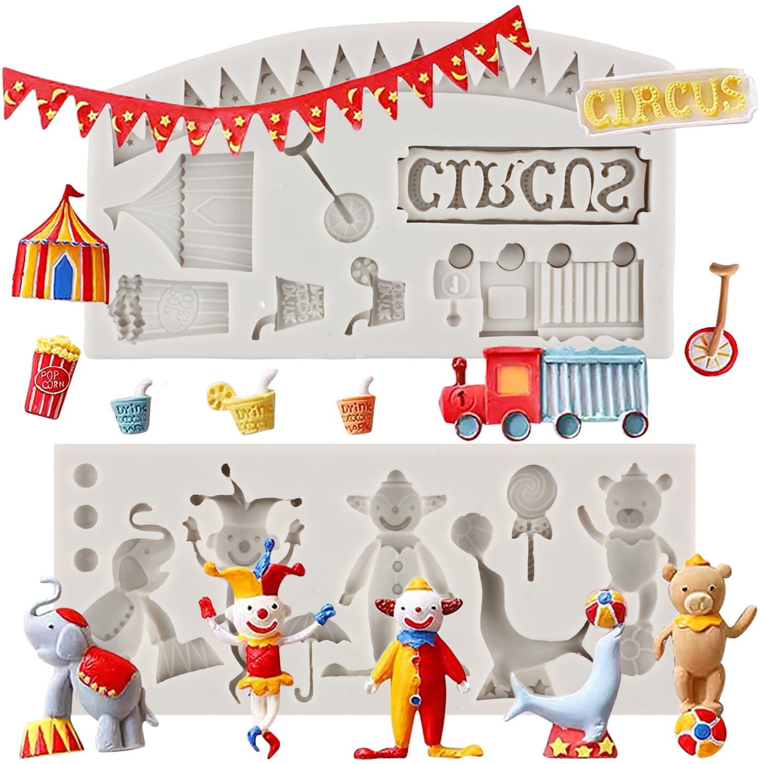Lot 2 Moules Silicone Cirque Clown Éléphant Monocycle - Fondant, Chocolat, Cupcake, Anniversaire