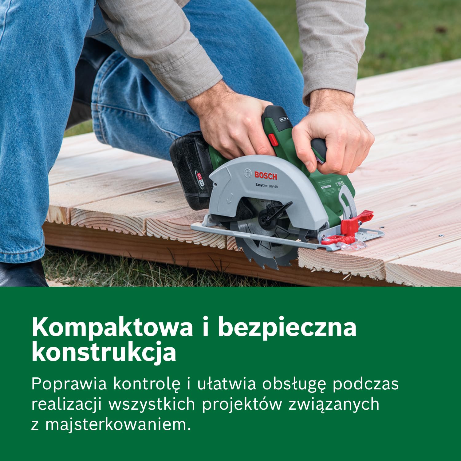 Bosch 18V System Akumulatorowa pilarka tarczowa EasyCirc 18V-48 (cięcie materiałów drewnianych o grubości do 48 mm, adapter do odsysania pyłu, prowadnica równoległa)