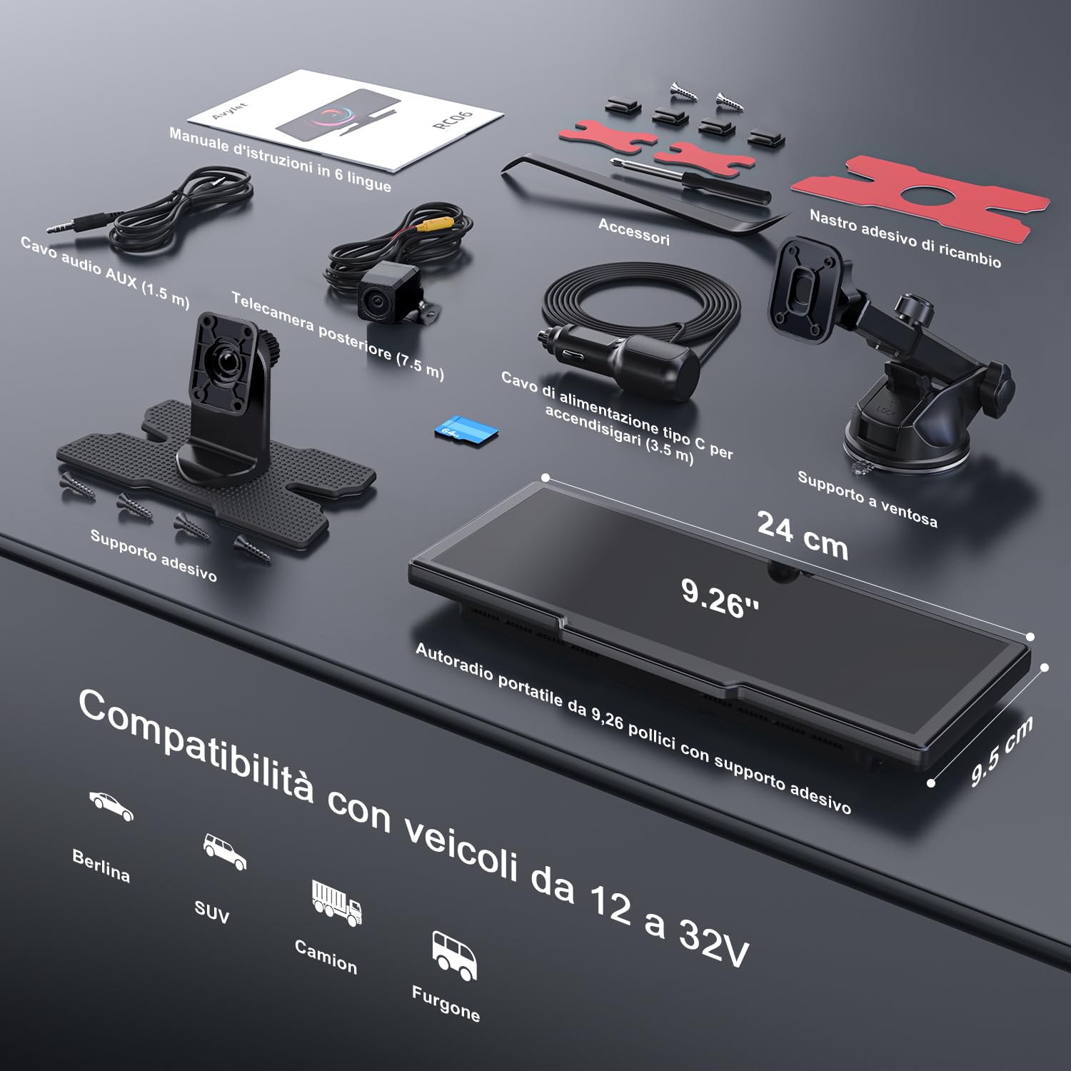 Avylet 4K Carplay Android Auto Wireless, 9.26" schermo per auto, Telecamera di Retromarcia 1080P, GPS, Ricevitori Audio per Auto, Mirror Link, Controllo Vocale, FM/Bluetooth, Con Scheda 64GB