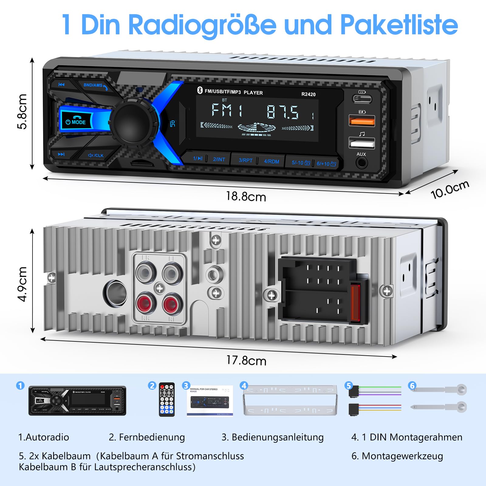 RDS Autoradio Bluetooth mit Typ-C-Ladeanschluss, Wistrue FM/AM Autoradio 1DIN Unterstützt 2USB/AUX/SD/TF/EQ/DSP/MP3 Player