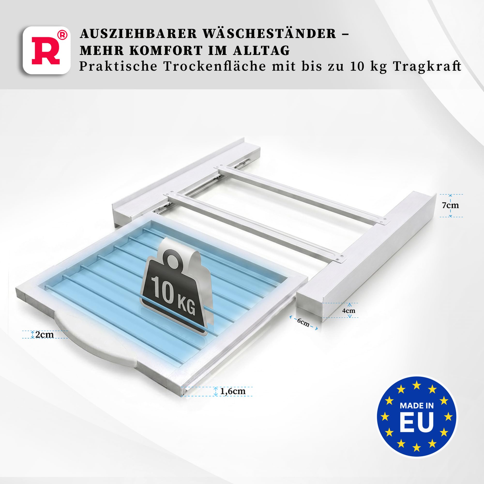 ROLLER Kappatos Zwischenbaurahmen mit Wäscheständer, 250 kg Aluminium | 100% Aluminium, Für 60 cm breite Geräte, Fußabstand 53-60 cm, Trockenfläche 2,8 m, 250 kg, Made in EU, Vormontiert