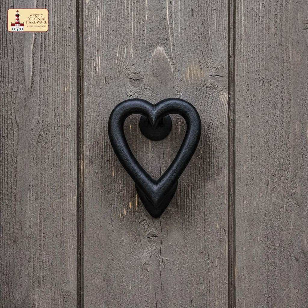 Mystic Colonial Vintage Heart Shaped Door Knocker (4 in) 1 Pc - Rustic Cast Iron Colonial Black Finish Love Door Knocker with Strike Plate for Front Door, Farmhouse, Barn Doors