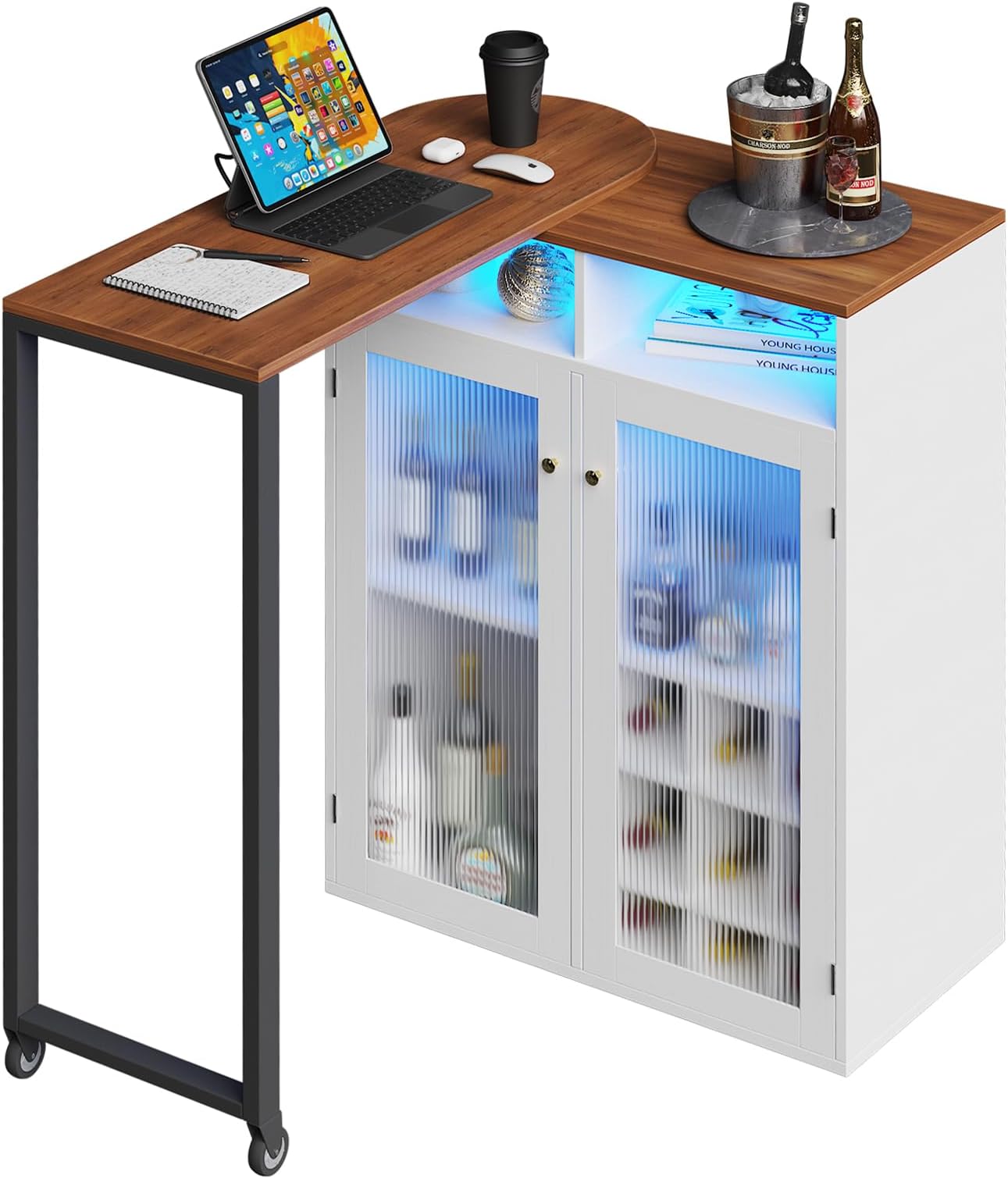 Home Bar Unit with Charging Station & Lights & Storage Mini Corner Bar Table with Wine Rack & Glass Holder 360° Rotating Tall Liquor Table for Living Room Apartment Office, White