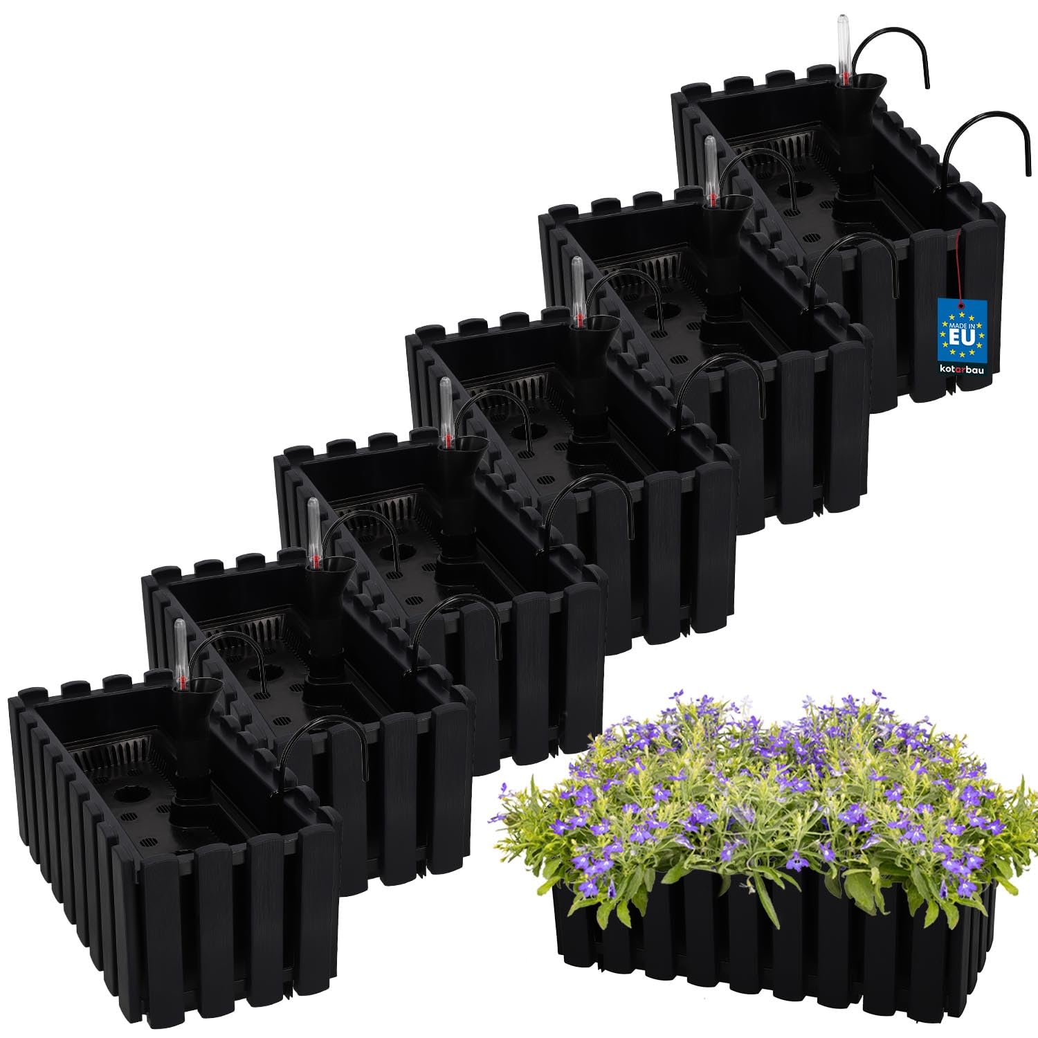 KOTARBAU® 6 szt. Doniczka - Skrzynka Balkonowa - 38 x 18 x 16 cm - na Taras - z Hakami - System Nawadniania - Antracyt
