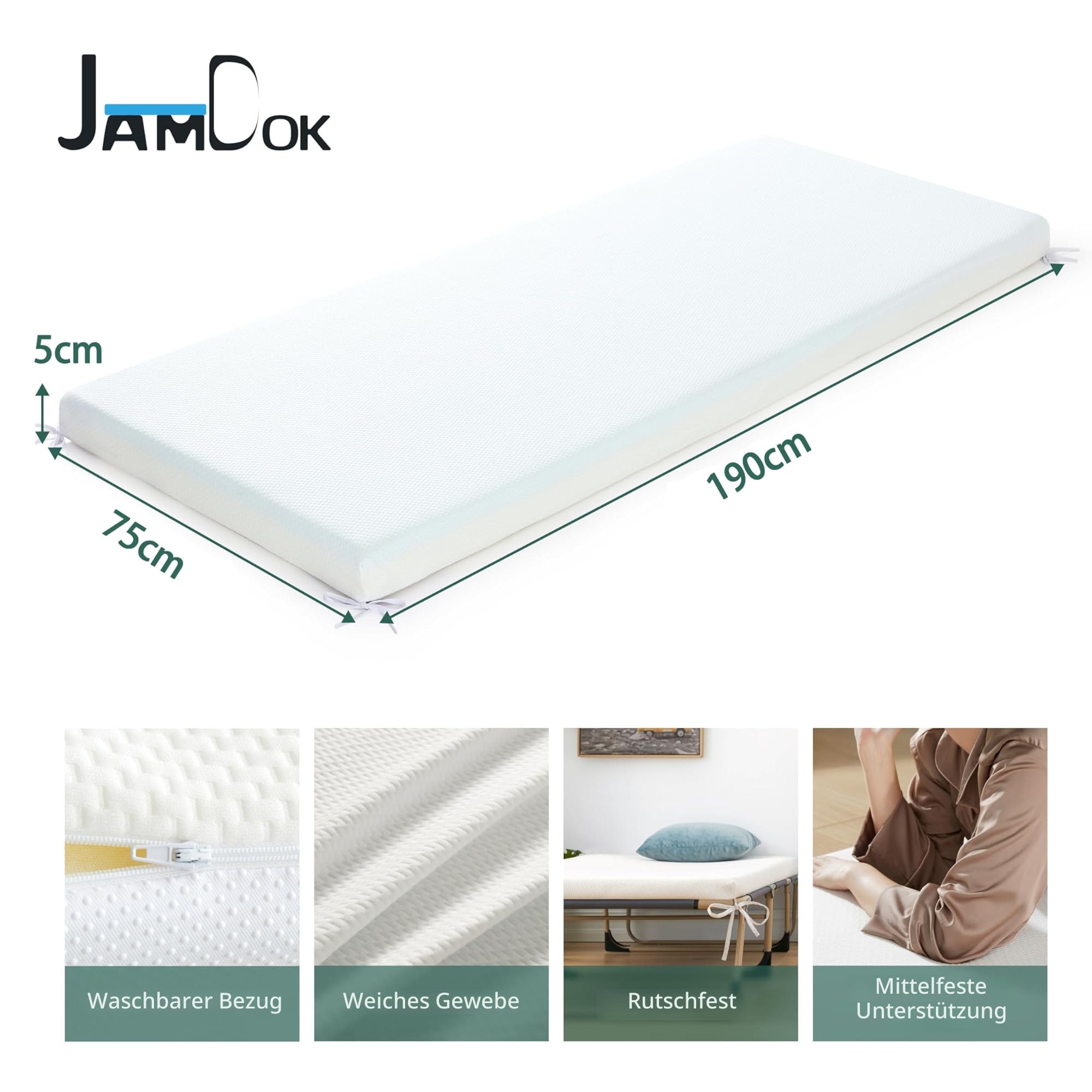 Jamdok Einzelne Schaumstoff-Matratzenauflage für Campingbett, Auto-Matratze, Sofa, aufrollbare Bodenmatte, faltbare Schlafunterlage, tragbar (190 x 75 x 5 cm)