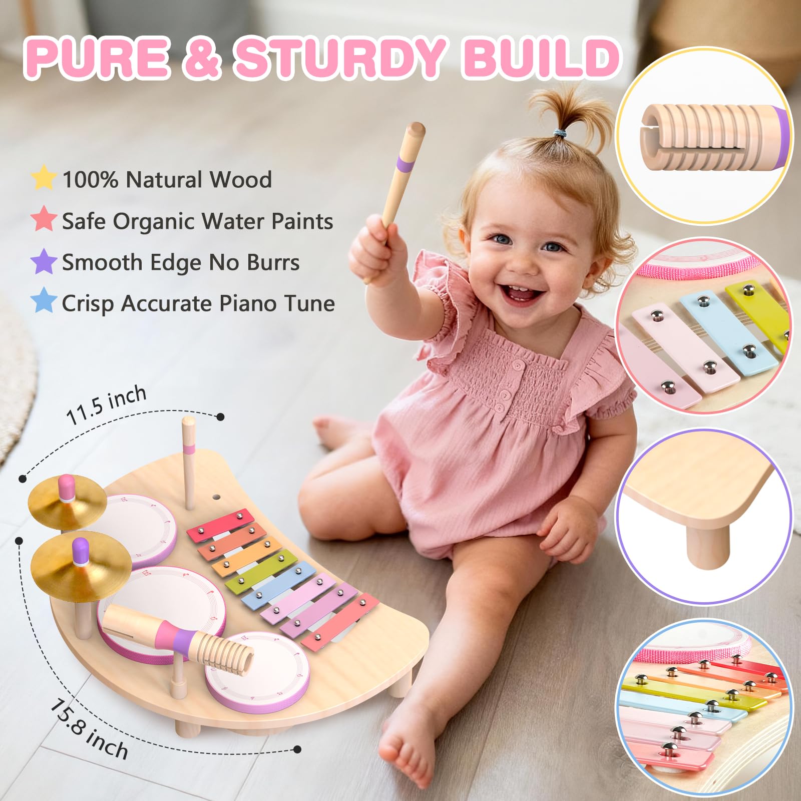 Montessori, set di tamburi in legno, strumenti musicali per bambini, set di batterie in legno con xilofono, giocattolo musicale per bambini in età prescolare, regalo di compleanno educativo per