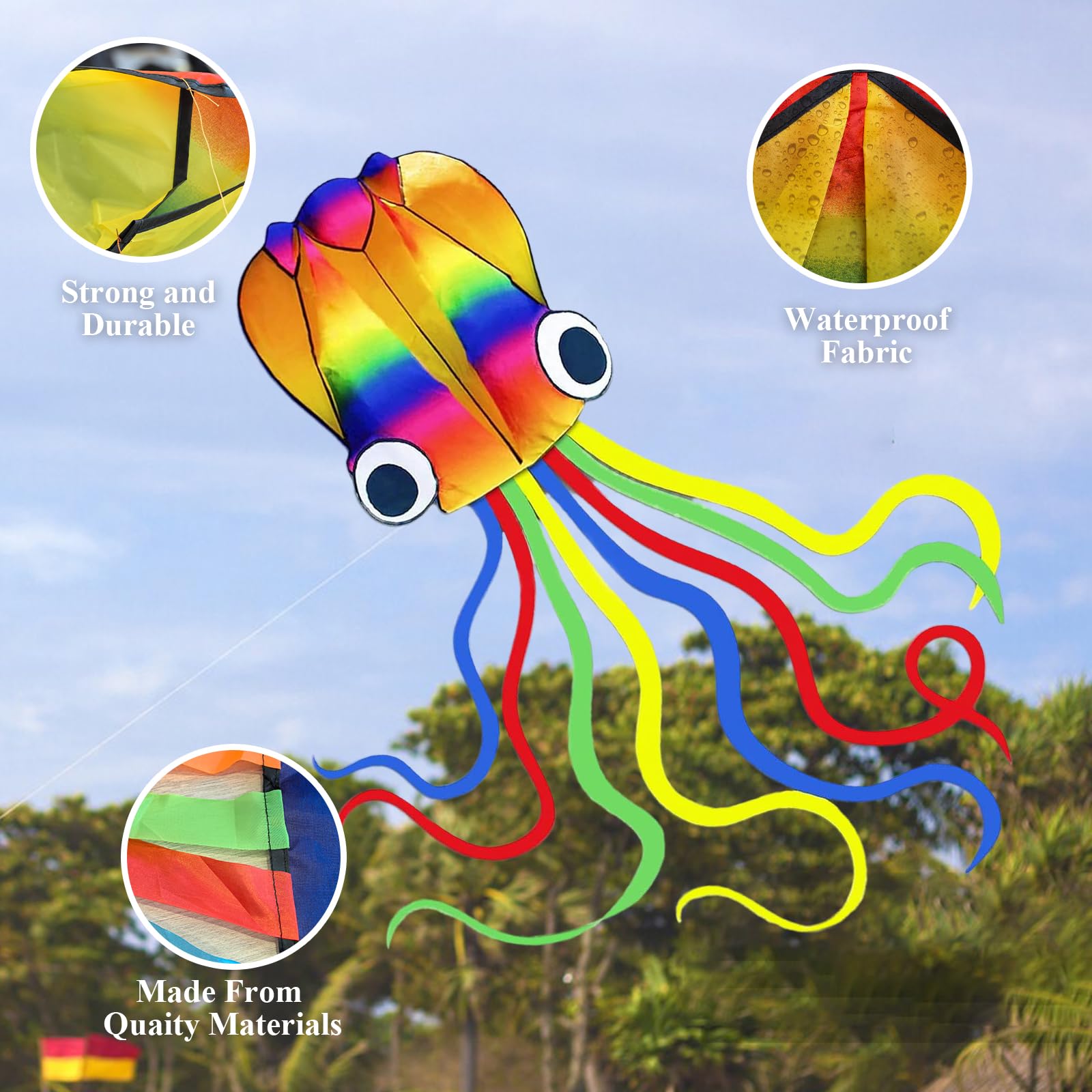 Huge Rainbow Octopus Kite For Kids & Adults - Large Soft Kite With 100m Line, Great For Windy Days