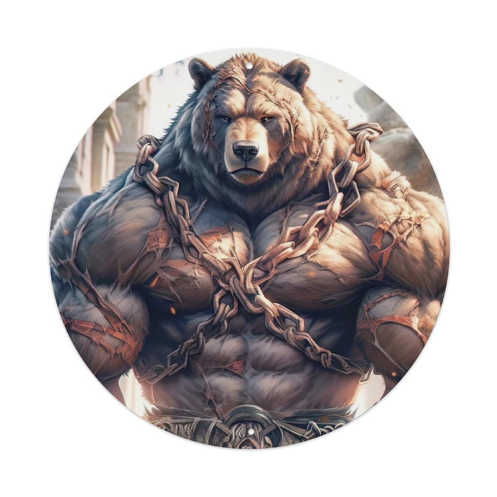 Animal Artwork Mighty Grizzly Bear Vintage Metal Tin Sign Plaque Wall Decor for Cafe, Club, Garden Round Metal Poster 8x8Inch
