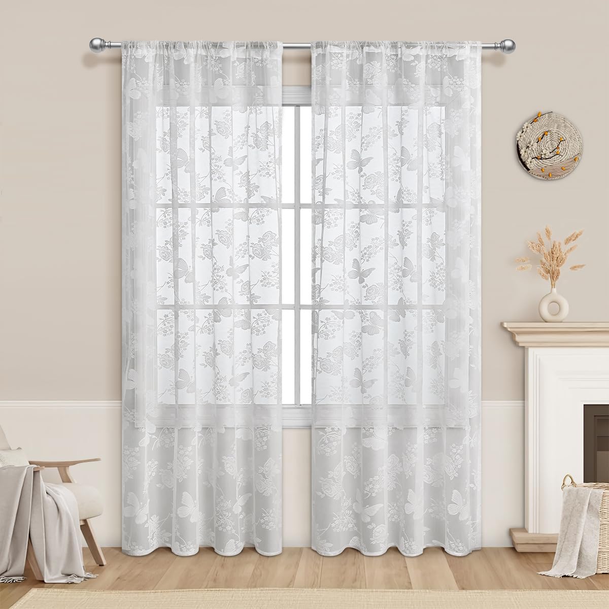 Rideaux en dentelle blanche papillon vintage salon 140x260