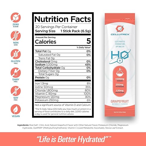 Miniatura 2 de Cellutrex H2O - Paquetes de hidratación de pomelo sin azúcar, mezcla de bebidas electrolíticas sin aditivos para entrenamientos, ayuno y más, sin