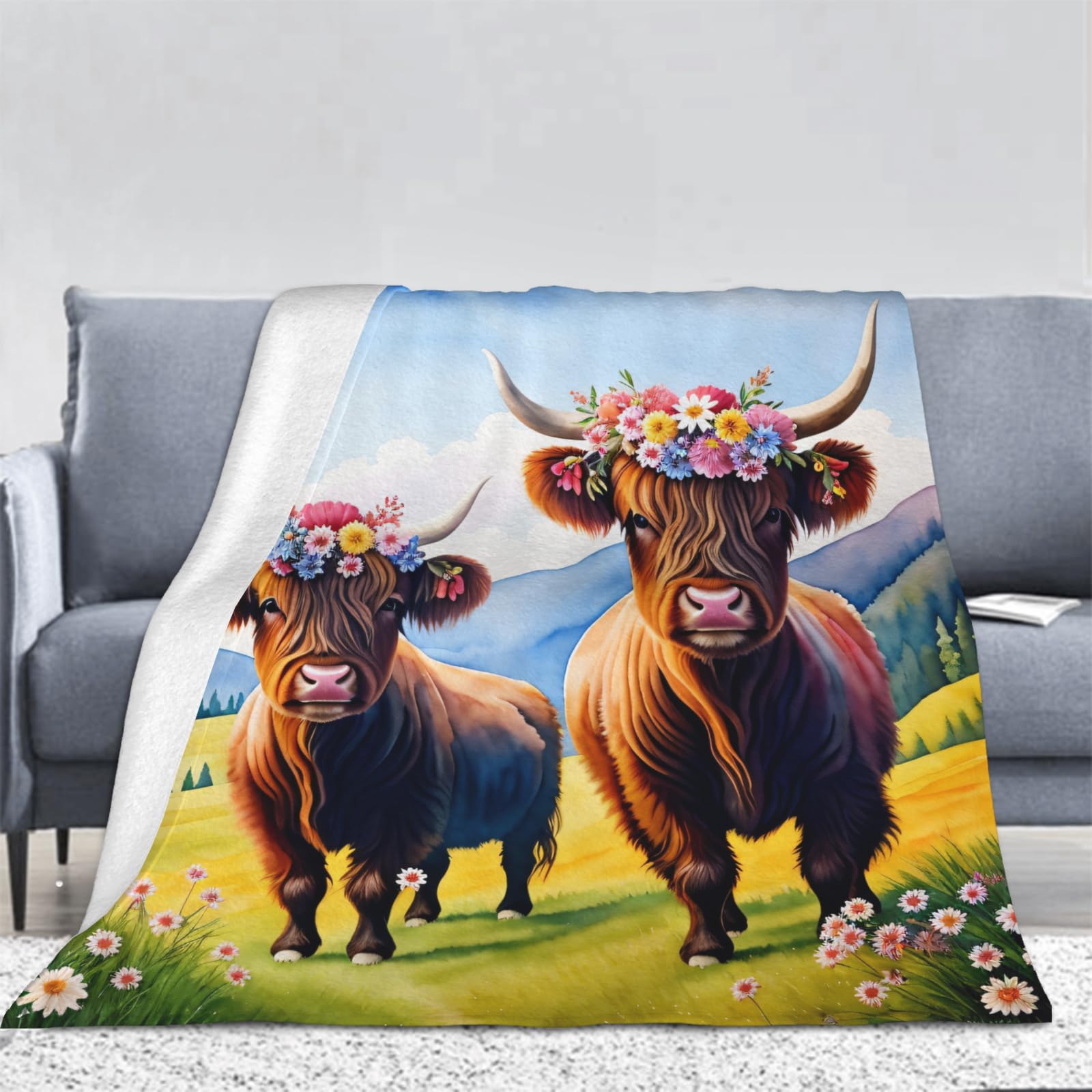 Highland - Coperta in pile con mucche in 3D, divertente copertina in 3D, per bambini, ragazzi, ragazze, animali occidentali, prateria, per divano, letto, animali selvatici, mucca, bambino 70 x 100 cm