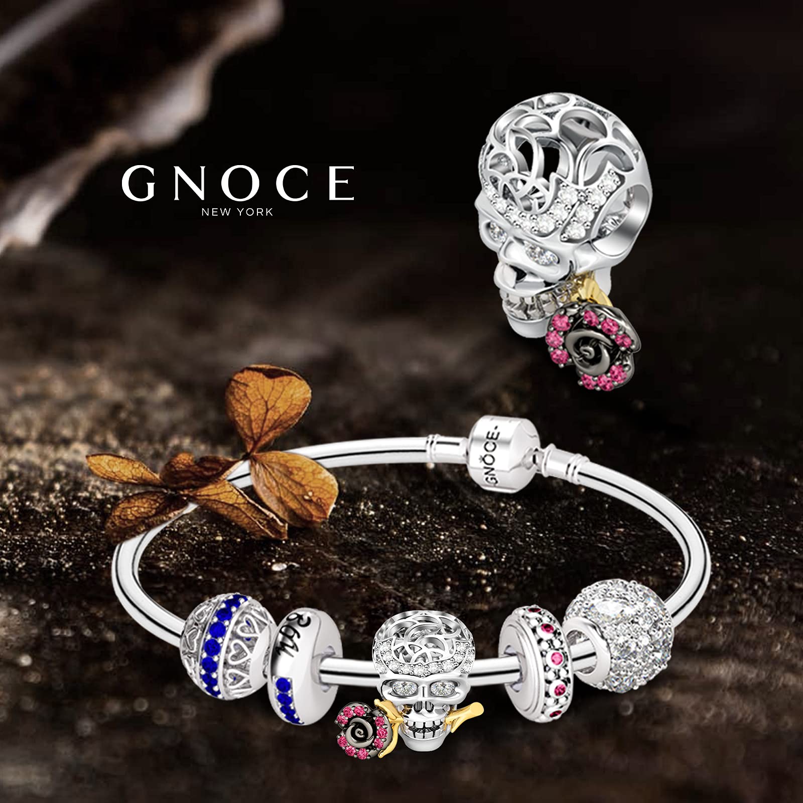 GNOCE Abalorio de plata de ley 925 con diseño de calavera, compatible con pulseras y collares