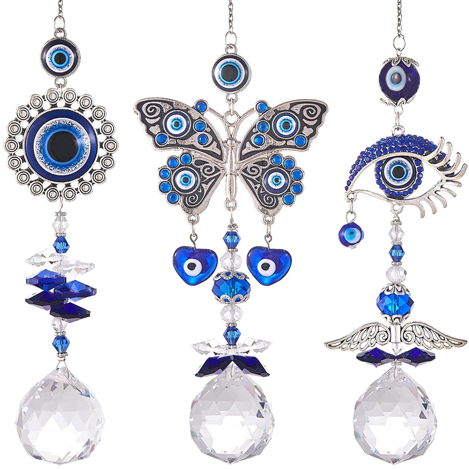 3 Pcs Evil Eye Suncatchers with Crystal Prism Balls for Window Hanging Sun Catcher Decor Blue Eyes Suncatcher Rainbow Maker Pendant Ornament for Home Garden Charm Craft Gift
