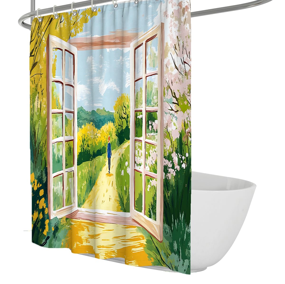 OLLIAR Home Bright Spring Bathroom Shower Curtain Modern Abstract Window Country Path Artwork Decor Waterproof Fabric Shower Curtains for Bathroom Decor 150x180cm