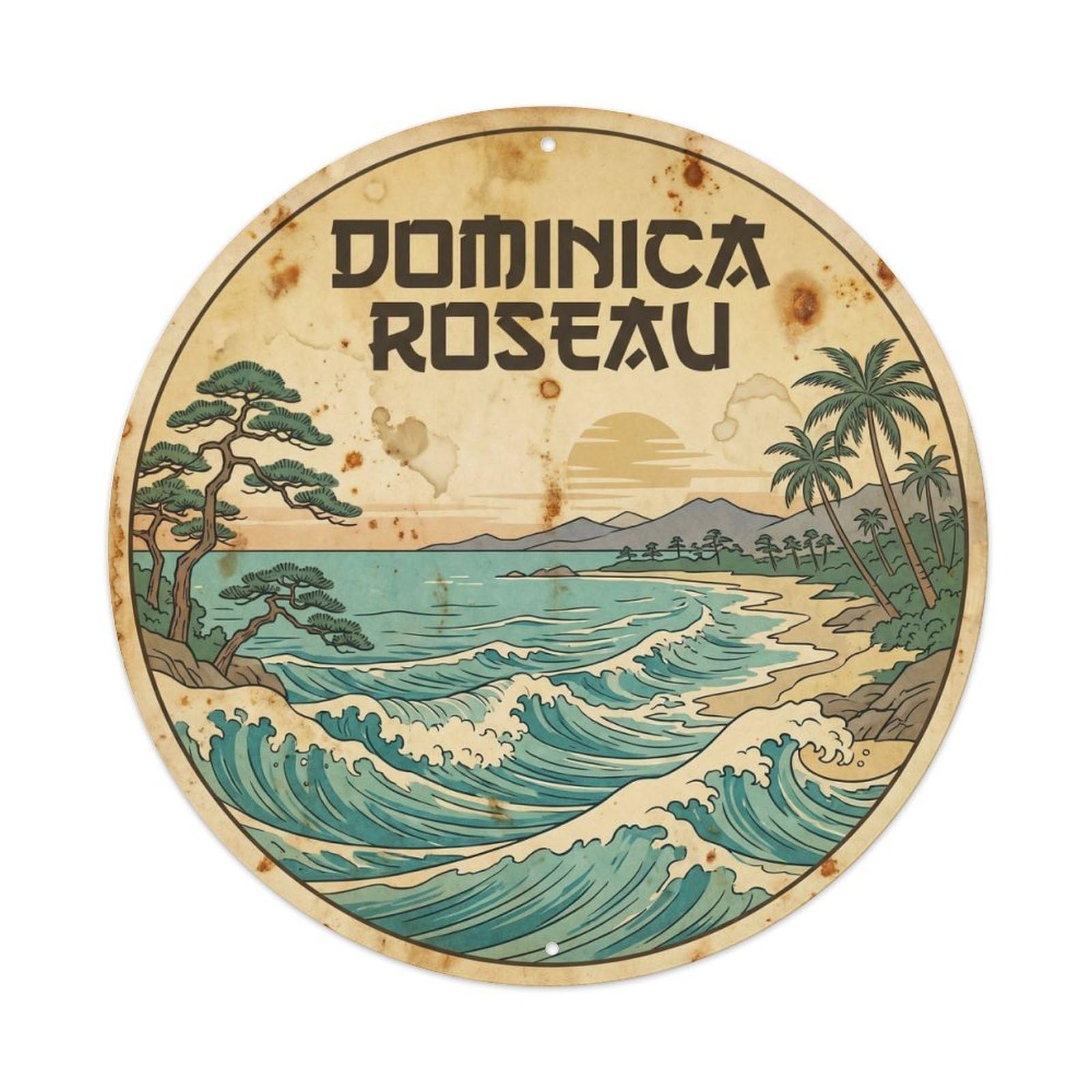 Dominica Roseau Beach Destination Woodblock Metal Tin Sign