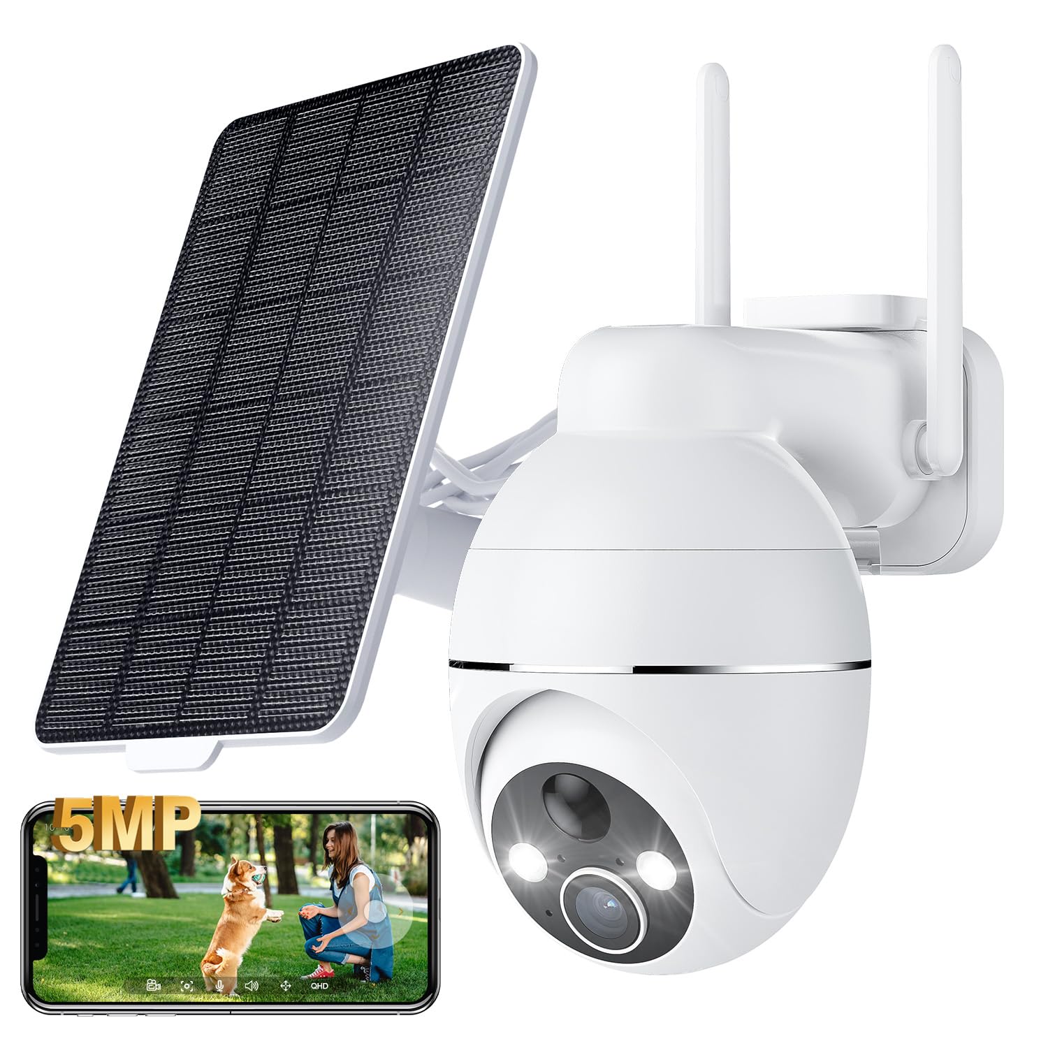 5MP Camera Surveillance WiFi Exterieure sans Fil Batterie - 2.4GHz Caméra de Surveillance, Autonomie du Panneau Solaire, 360° PTZ, Vision Nocturne Couleur, PIR Sirène (5MP)