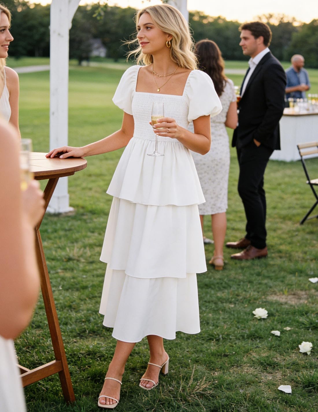 ZESICA Women's Summer Smocked Midi Dress 2026 Casual Puff Short Sleeve Flowy Tiered Boho Beach Vacation Long Dresses