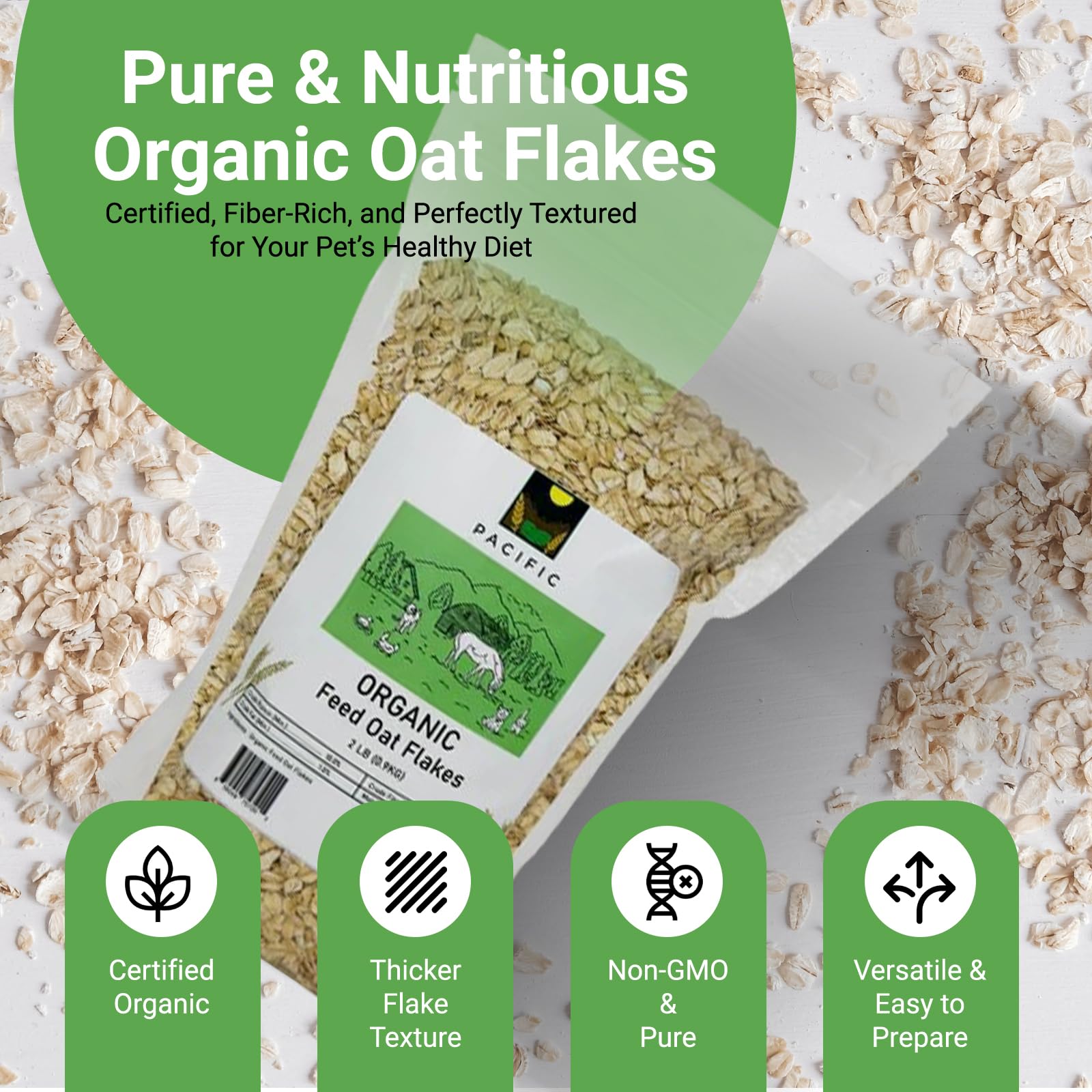 Pacific Organiczna karma dla zwierząt domowych płatki owsiane - płatki owsiane dla optymalnego odżywiania zwierząt domowych - bogate w błonnik i minerały | Owies organiczny z certyfikatem USDA i CCOF