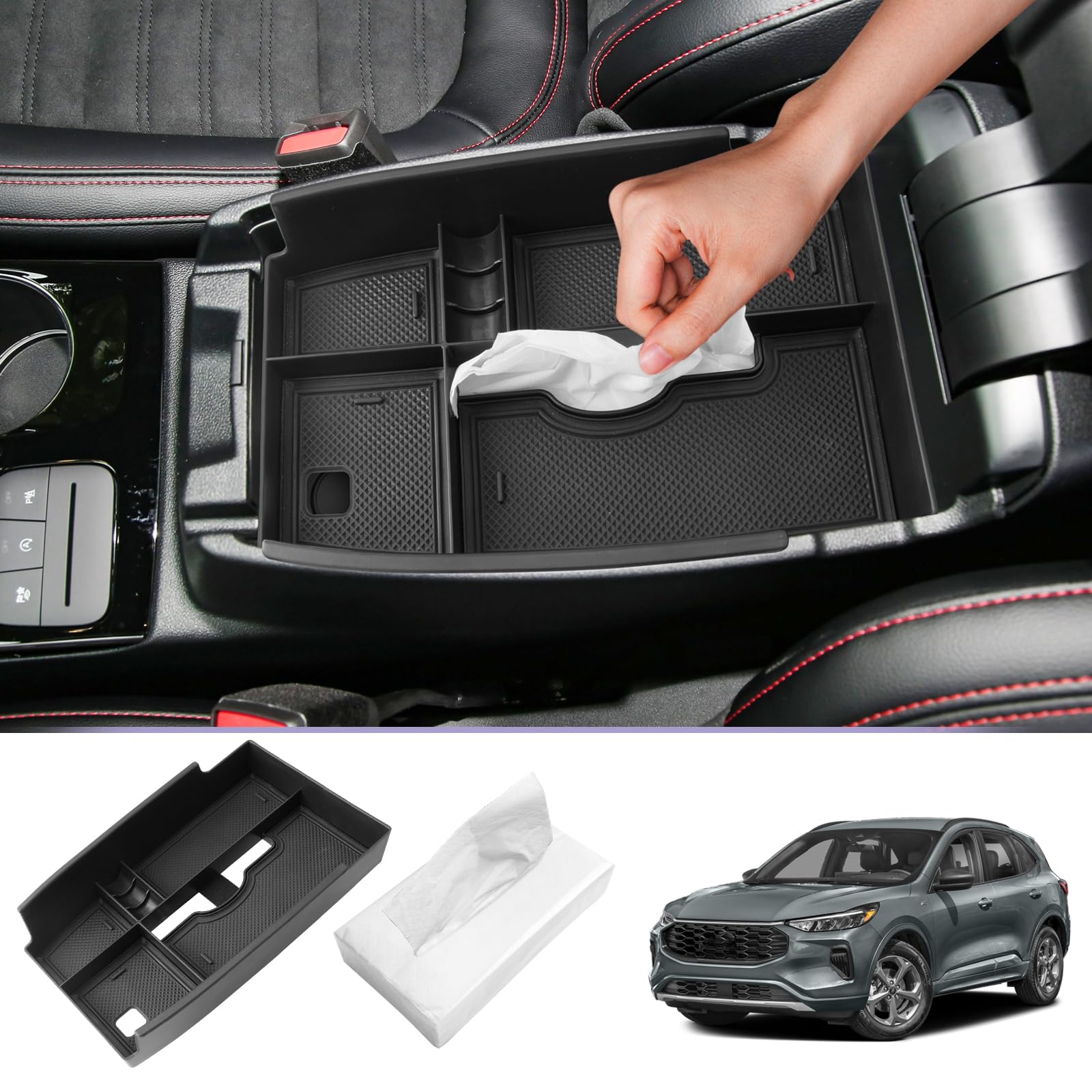 LUWU Ford Center Console Organizer Compatible with Ford Escape (2020-2025), Ford Bronco Sport (2021-2025) Console Organizer Tray Armrest Storage w/Tissue Box 2025 Ford Escape Bronco Sport Accessories