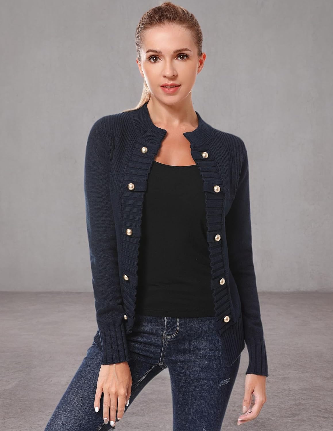 AmélieBoutik Women Cotton Blend Casual Button-up Stand Collar Military Style Open Front Cardigan - Image 6