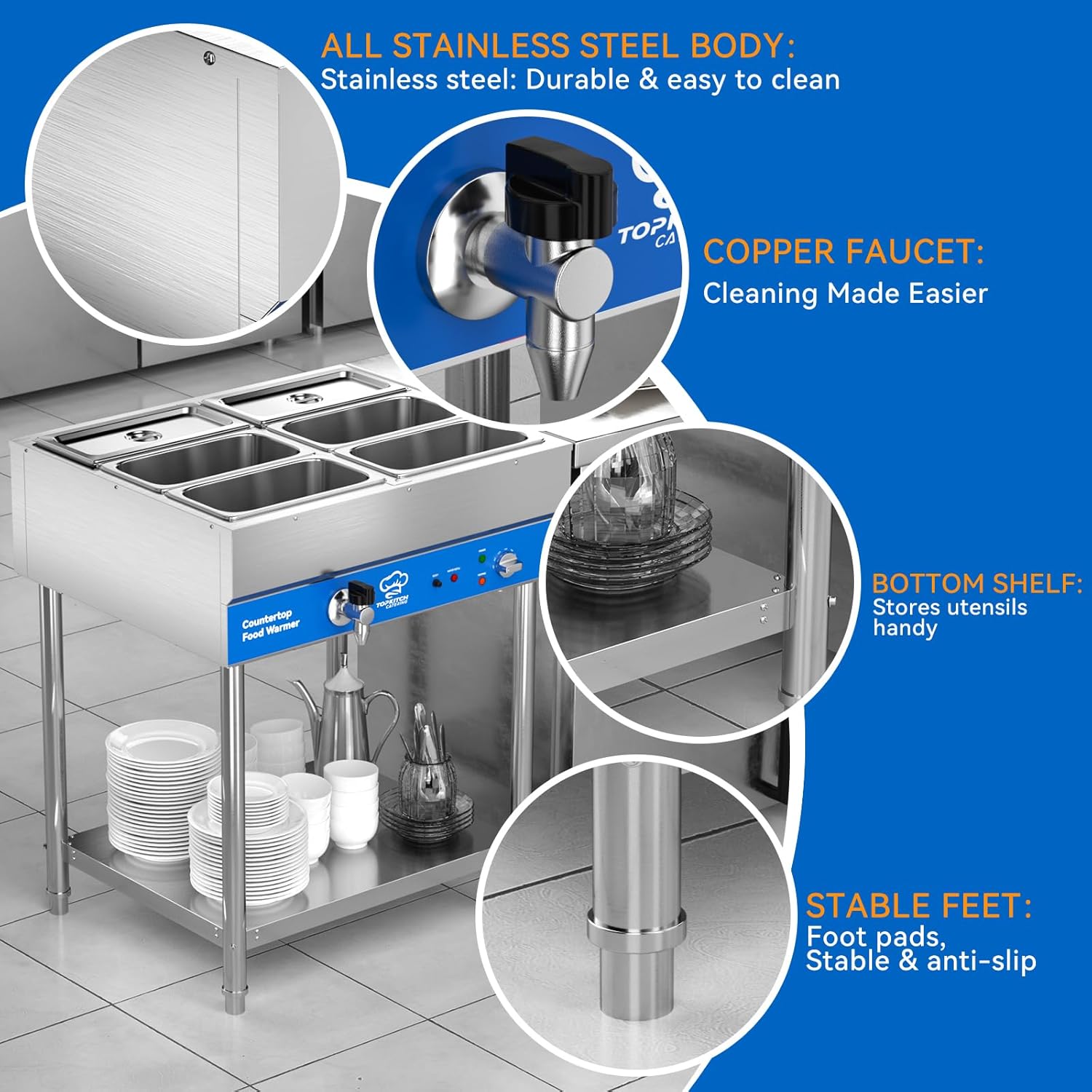 ETL Listed 6-Pan Commercial Food Warmer, Electric Steam Table, 120V 1700W Stainless Steel Buffet Catering Food Warmer with Undershelf and Workspace, for Restaurant.