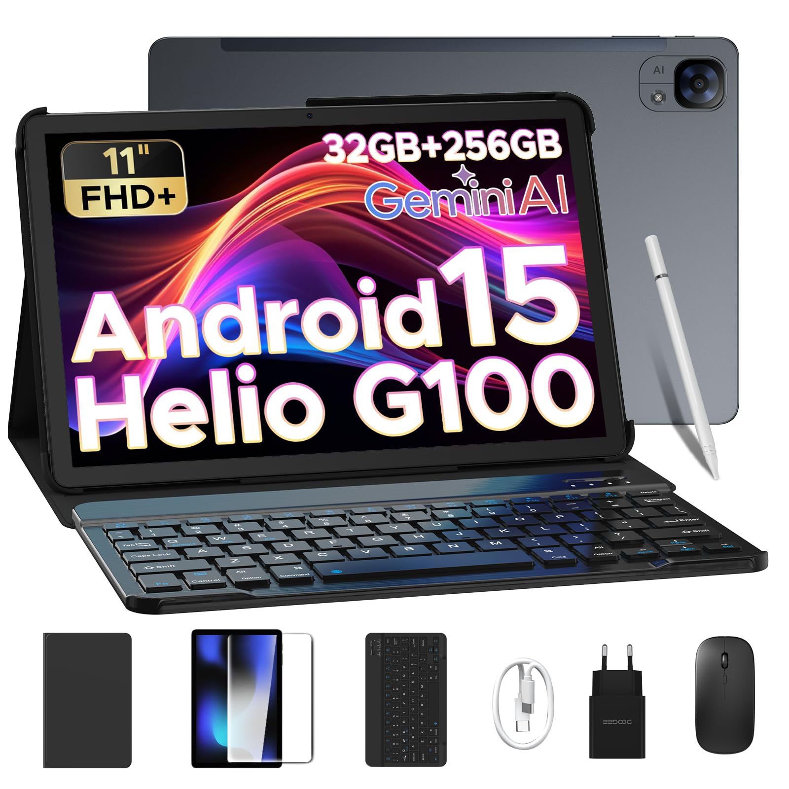 DOOGEE TAB E3 Tablet Android 15 con Tastiera e Penna, 11 Pollici 32GB RAM + 256GB ROM/TF 2TB, Octa Core Helio G100, Tablets con sim, 8800mAh, Gemini AI, 13MP+5MP/GPS/BT5/OTG/FACE ID/Doppi altoparlanti