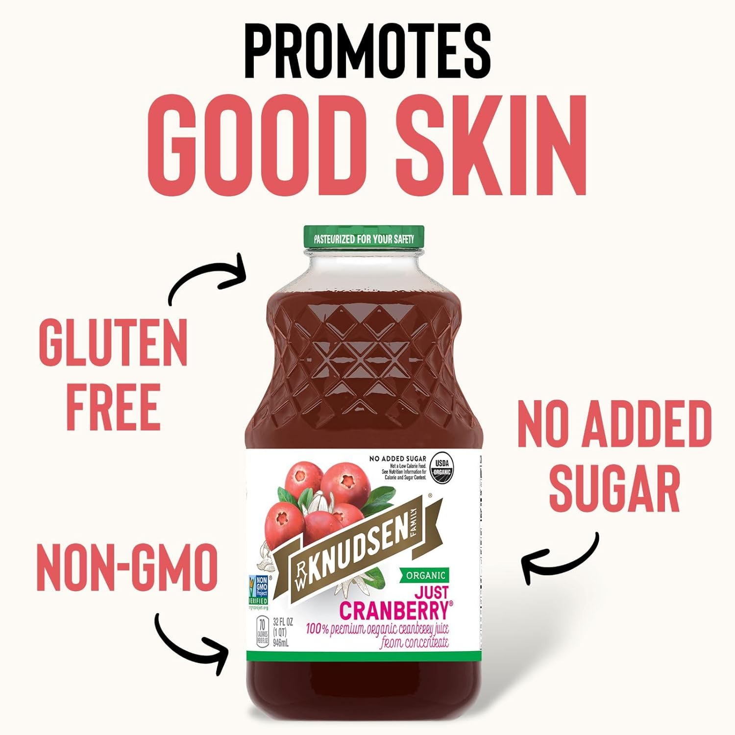 R.W. Knudsen Organic Just Cranberry Juice, 32 fl oz (Pack of 6)