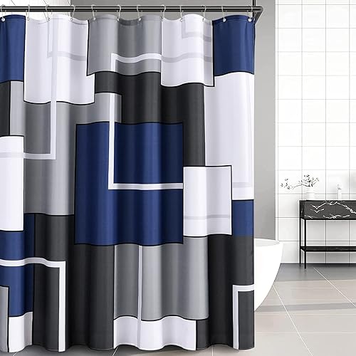 Miniatura 2 de Juego de cortinas de ducha azul con ganchos, cortinas de ducha Morden azul y blanco para baño, cortinas de baño geométricas abstractas grises,