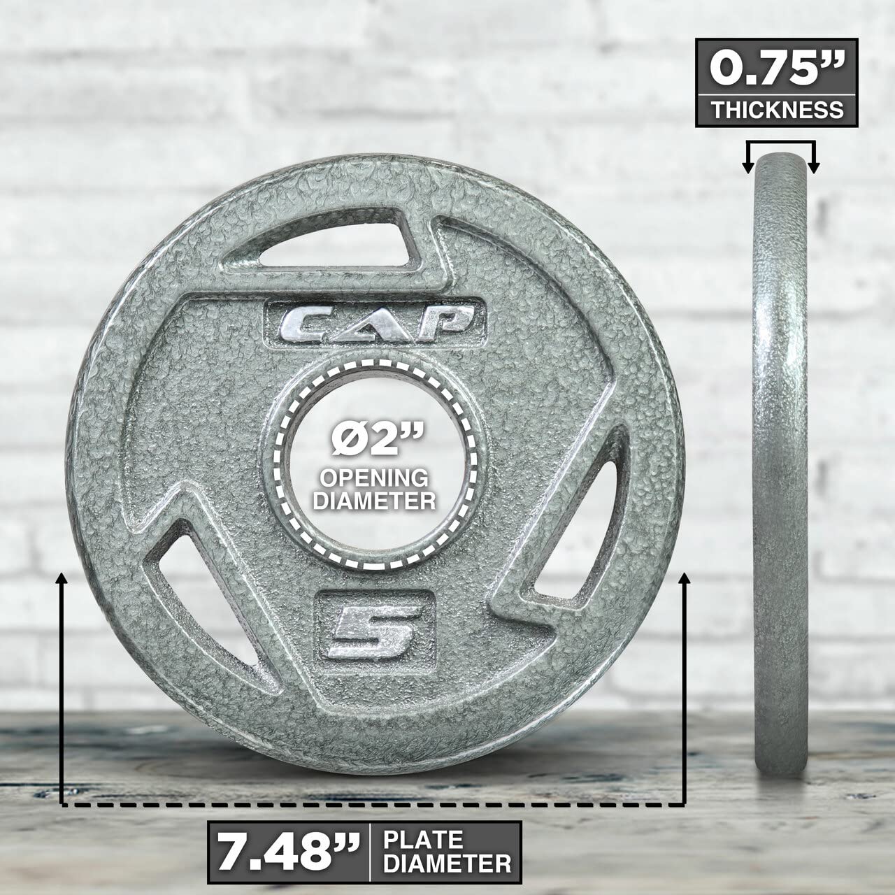 CAPHAUS Olympic Cast Iron Grip Plates, Fit 2-inch Olympic Barbell for Strength & Conditioning Workouts, Weightlifting & CrossFit - Gray, 5LB, Single