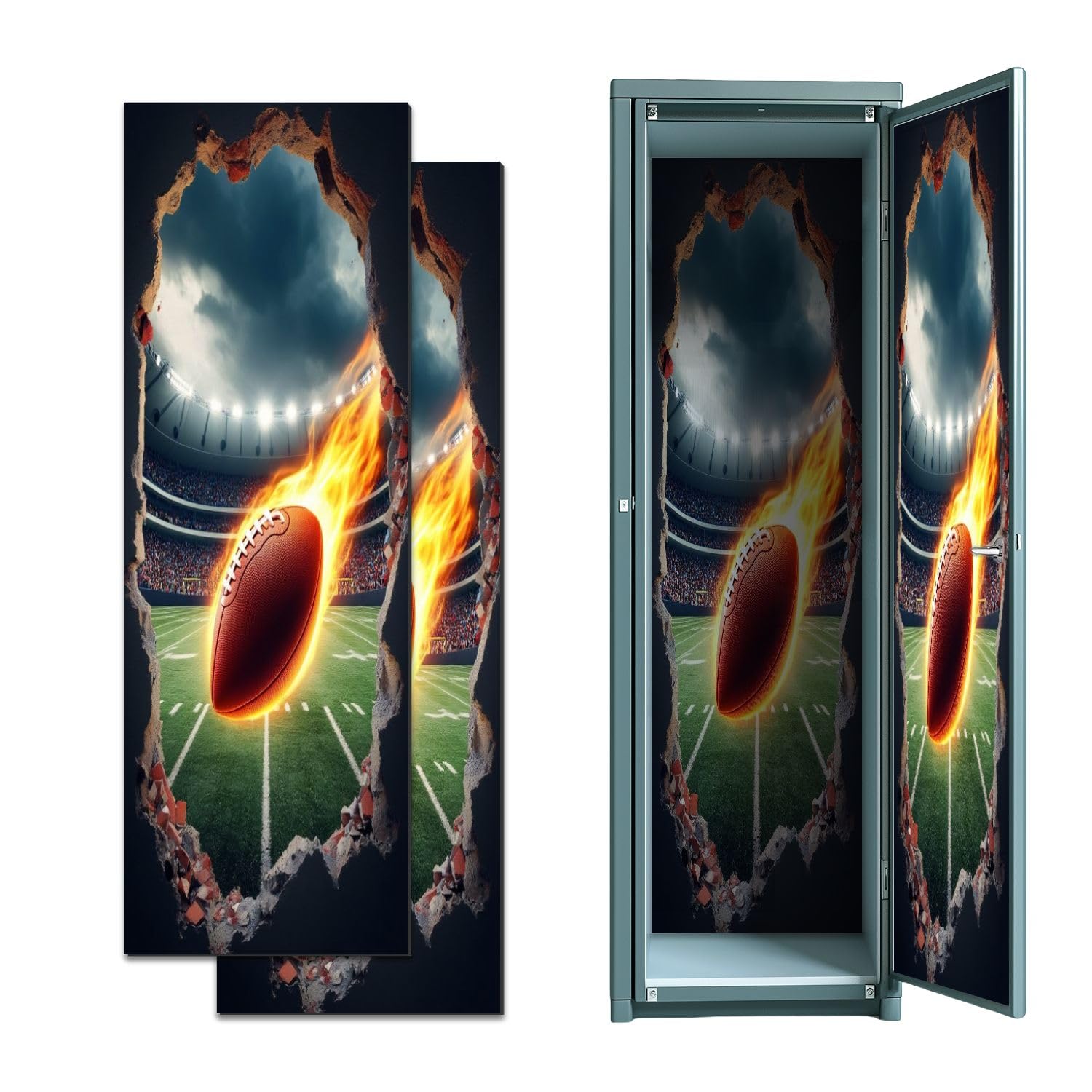 2 Pcs Locker Magnetic Wallpaper 3D Rugby Football Sports Theme Flames Stadium Brick Wall 12" x 36" Wall Magnetic Sticker Removable Locker Accessories Decor Easy Install for Office School