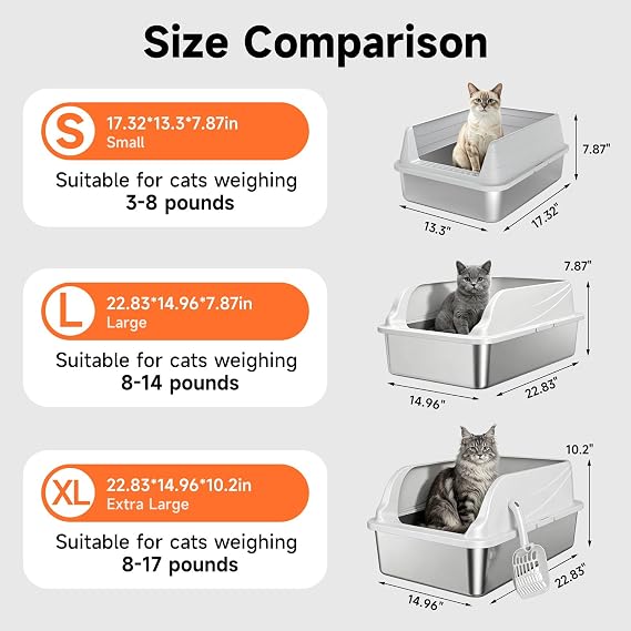 Stainless Steel Cat Litter Box for Small Cats, Odor Free Metal Litter Box | High Sides Lid Open Top Low Entry Litter Pan Easy Cleaning Kitty Cat Box Anti-Urine Leakage Non-Sticky Include Scoop