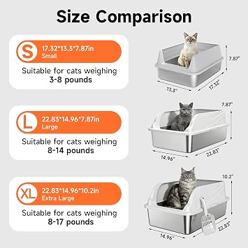Stainless Steel Cat Litter Box for Small Cats, Odor Free Metal Litter Box | High Sides Lid Open Top Low Entry Litter Pan Easy Cleaning Kitty Cat Box Anti-Urine Leakage Non-Sticky Include Scoop