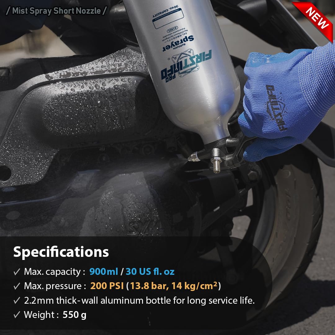 FIRSTINFO Pulverizador Recargable para Limpiador de Frenos 900 ml, Botella de Aluminio Sin Aerosol para Disolventes y Desengrasantes, Pulverizador Presurizado con Boquilla Niebla y Chorro Largo, A1663