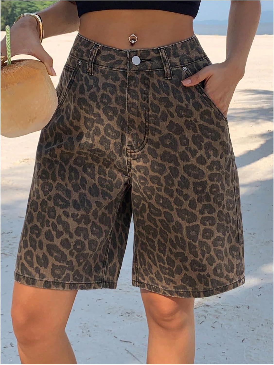 GORGLITTER Women's Leopard Cheetah Print Denim Jorts Baggy Bermuda Jean Shorts Low Rise Western Cowgirls Outfits