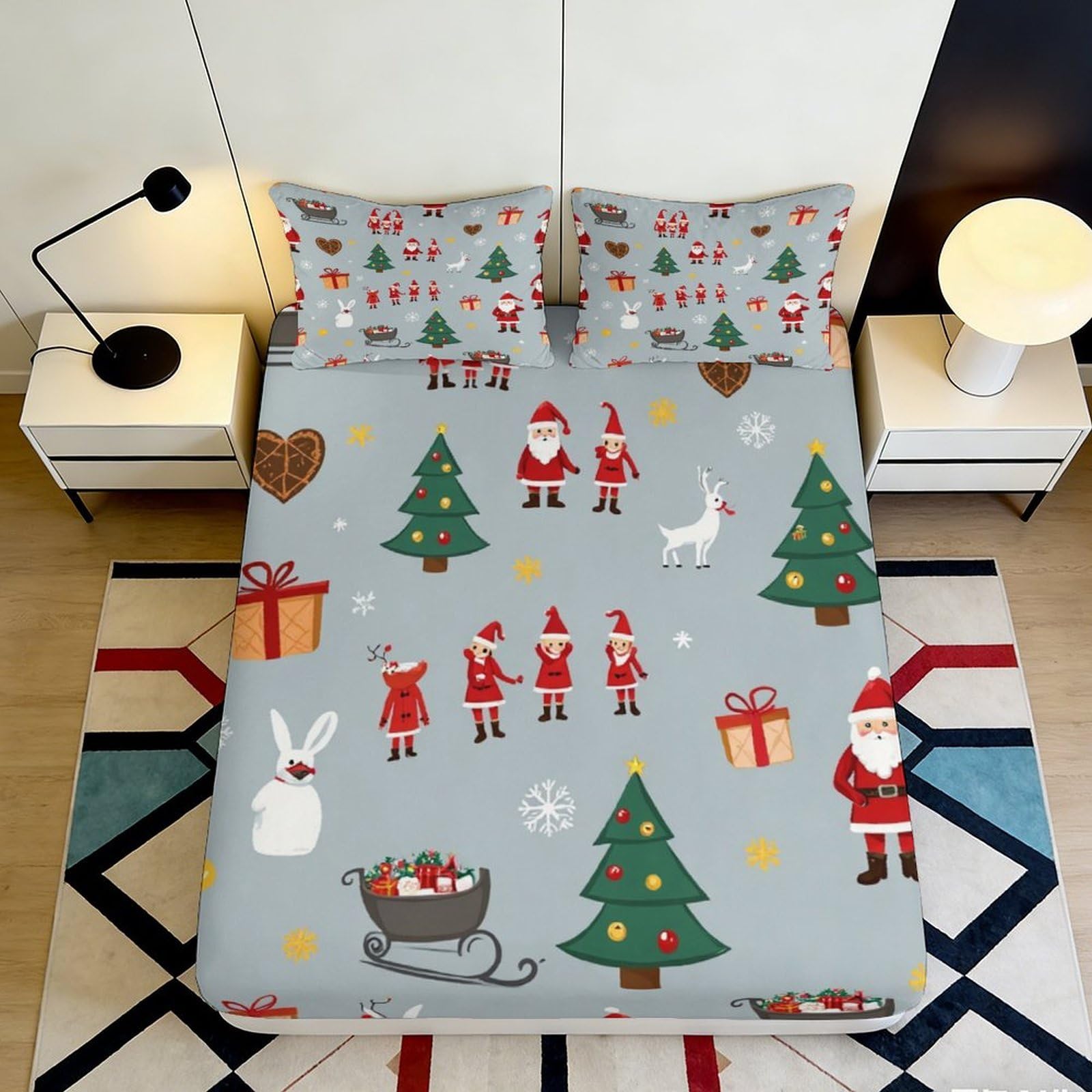 3D Printed Christmas Tree Fitted Sheet Microfiber Santa Claus Mattress Cover Grey Festive Bedding for Bedroom Dorm All Ages 90x200x25cm