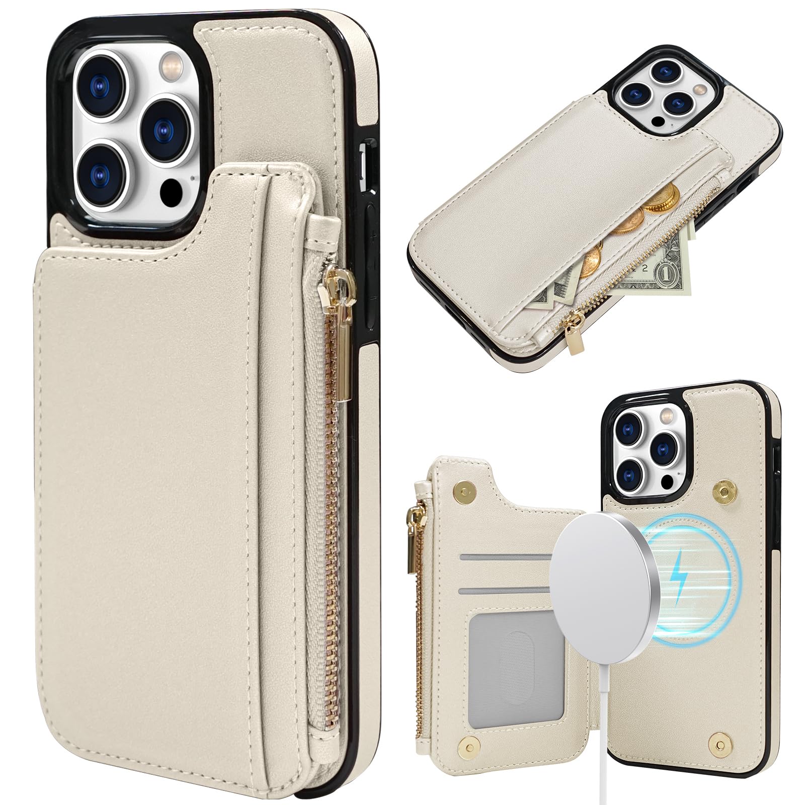 Delidigi for iPhone 15 Pro Max Case Wallet with Card Holder Compatible with MagSafe,Women Flip PU Leather Cover Zipper Pouch Wallet Case for iPhone 15